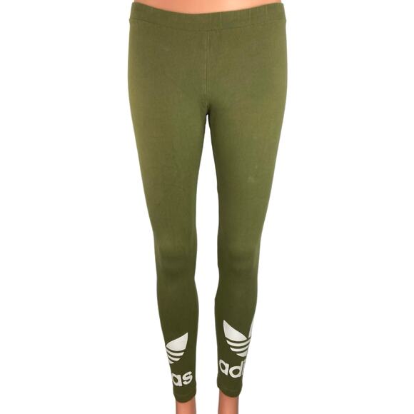 Adidas Originals Olive Green Adicolor Trefoil Low Rise Stretch Knit Leggings S - Picture 1 of 5